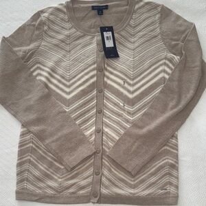 Tommy Hilfiger Taupe and Cream Chevron Knit Button Cardigan